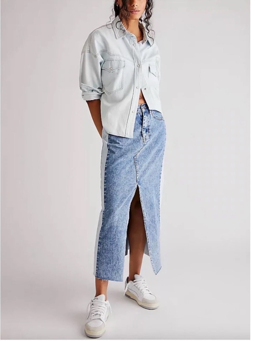 DRIFTWOOD by Free People Light Blue Denim Midi Skirt Size 27